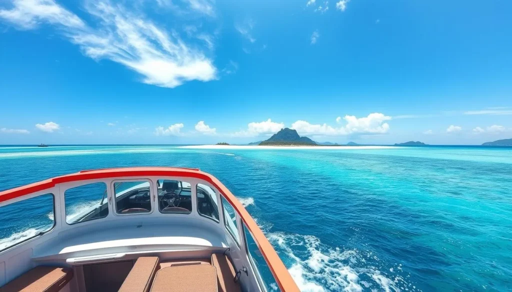 Generate an image of a ferry boat approaching Koh Rong island with clear blue waters and white sandy beaches.