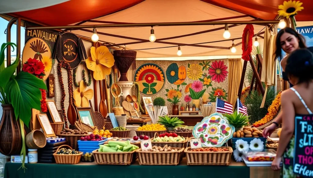 Generate an image of a festival booth showcasing local Hawaiian artisans, craftspeople, and food producers.