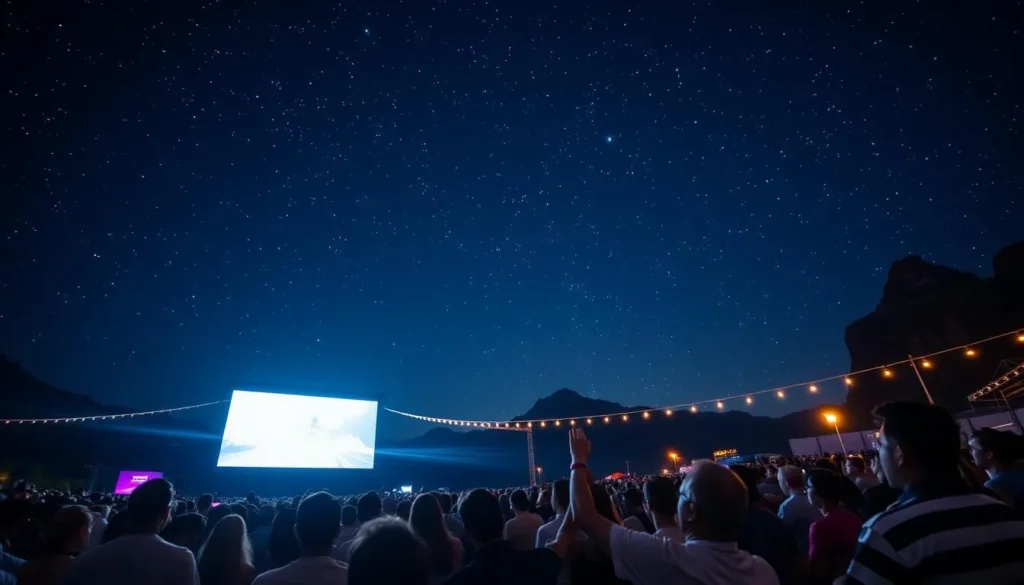 Generate an image of a film festival audience watching a movie under the stars.