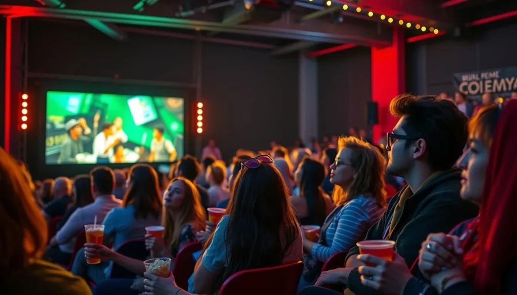 Generate an image of a film festival audience watching a short film.