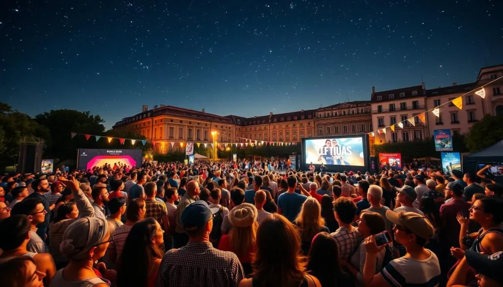 Generate an image of a film festival in Lyon, showcasing a large crowd enjoying a movie screening.