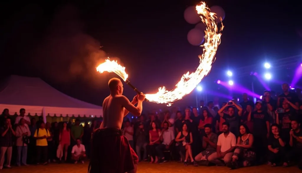 Generate an image of a fire knife dancer performing at the International Siva Afi Competition.