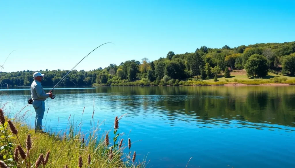Generate an image of a fisherman fishing at Ripley Lake