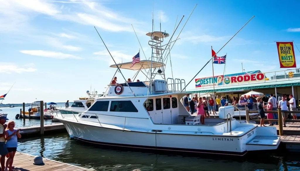 Generate an image of a fishing boat at Destin Harbor during the Destin Fishing Rodeo