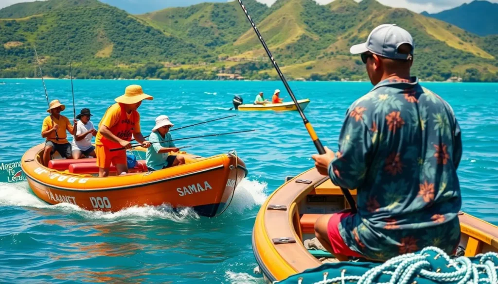 Generate an image of a fishing tournament in Samoa with boats and anglers.