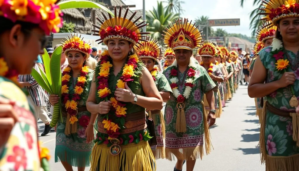 Generate an image of a floral parade with participants dressed in traditional Hawaiian attire, honoring King Kamehameha.