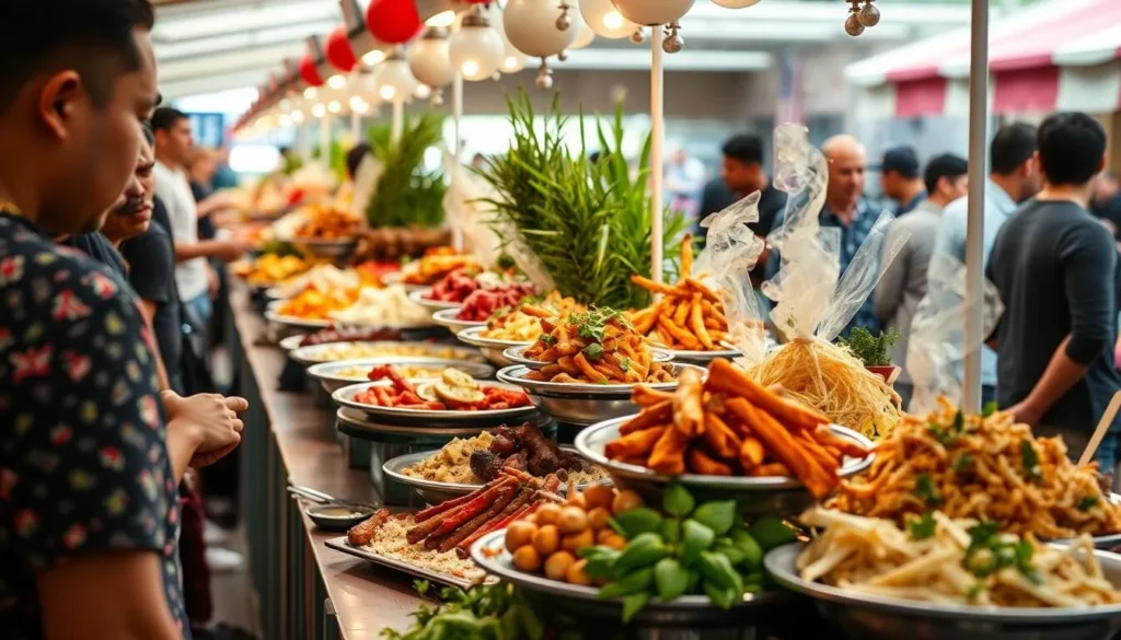 Generate an image of a food festival with diverse dishes on display.