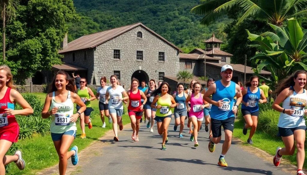 Generate an image of a fun run at the Old Koloa Sugar Mill.