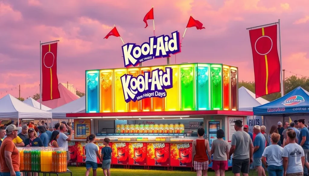 Generate an image of a giant Kool-Aid stand with various flavors at the Kool-Aid Days festival in Hastings, Nebraska.