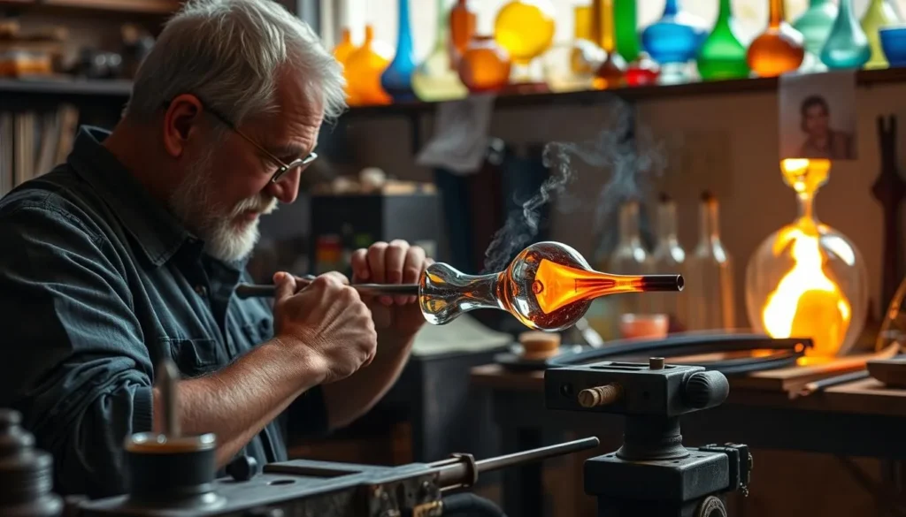 Generate an image of a glassblower creating a glass object