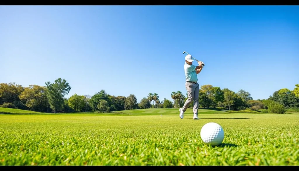 Generate an image of a golfer swinging at a ball on a lush green course.