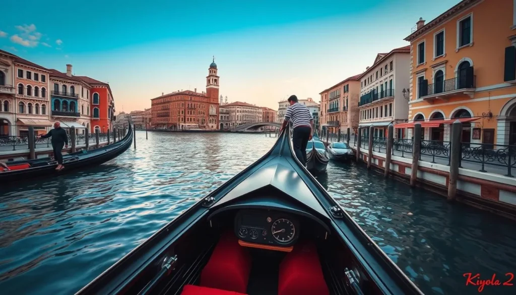 Generate an image of a gondola ride in Mini Venice, Baku.