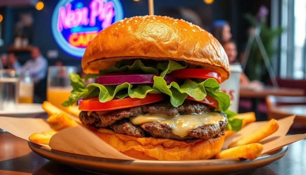 Generate an image of a gourmet burger at Neon Pig Cafe