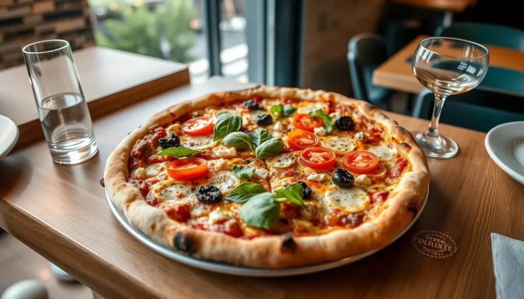 Generate an image of a gourmet pizza at Torno Subito