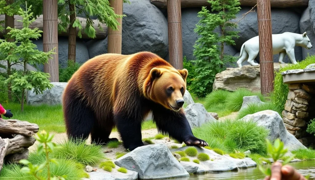 Generate an image of a grizzly bear in its enclosure at the Montana Grizzly Encounter.