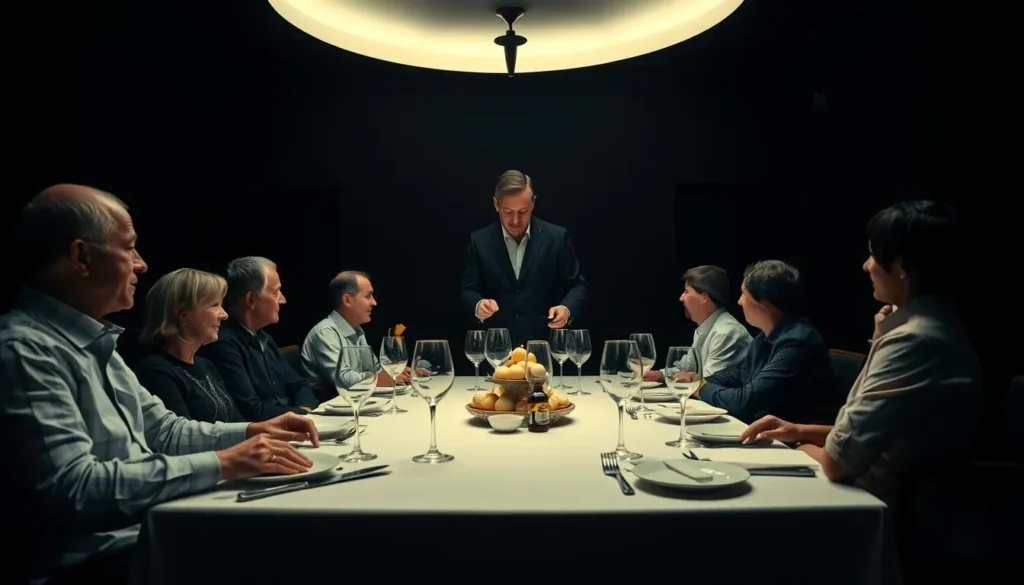 Generate an image of a group of diners seated at a table in a completely dark room, with a visually impaired waiter guiding them.