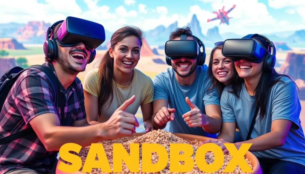 Generate an image of a group of friends experiencing Sandbox VR together.