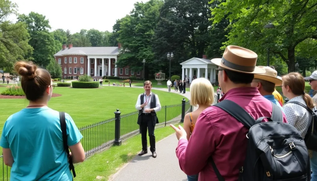 Generate an image of a guide leading a historic walking tour in Congress Park, Saratoga Springs.