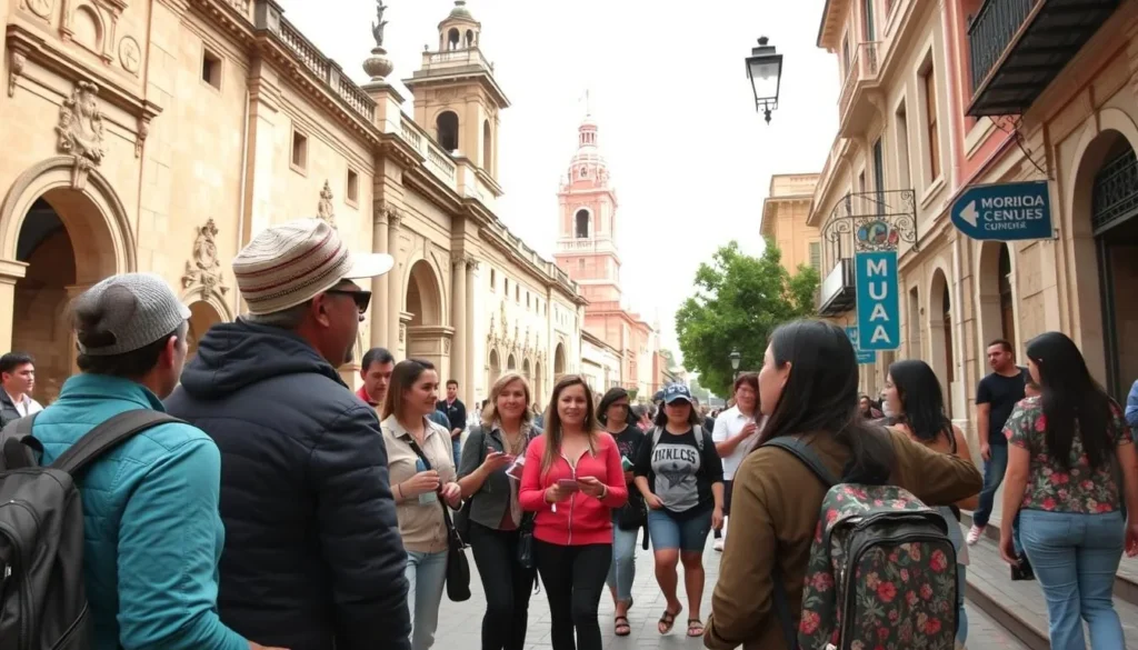 Generate an image of a guided city tour in Chihuahua, Mexico, highlighting the tour guide and participants.