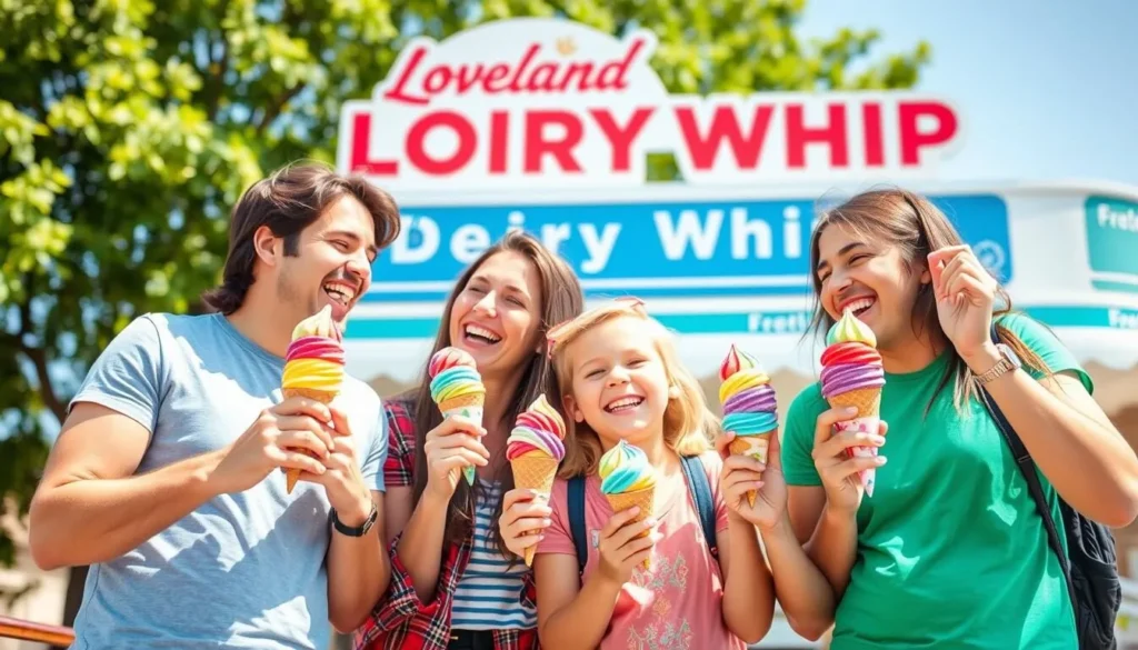 Generate an image of a happy family enjoying ice cream at Loveland Dairy Whip.