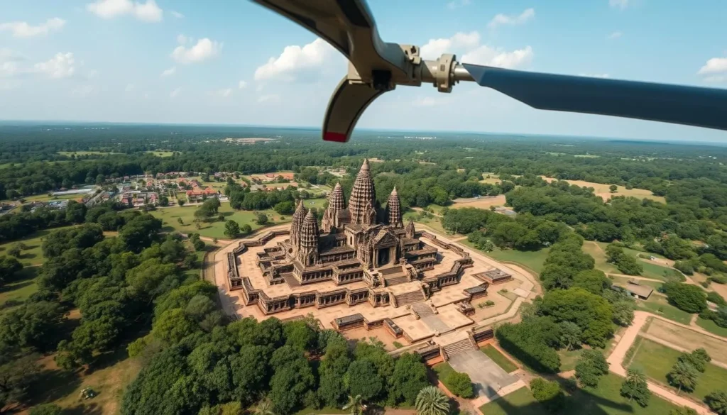 Generate an image of a helicopter flying over Angkor Wat, with the temple complex visible below.