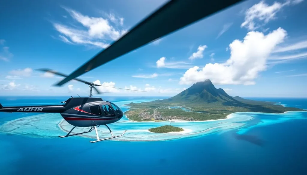 Generate an image of a helicopter flying over Bora Bora, showcasing the island's turquoise lagoon and Mount Otemanu.
