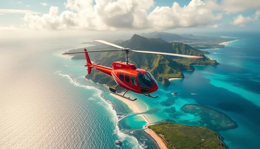 Generate an image of a helicopter flying over Oahu's coastline