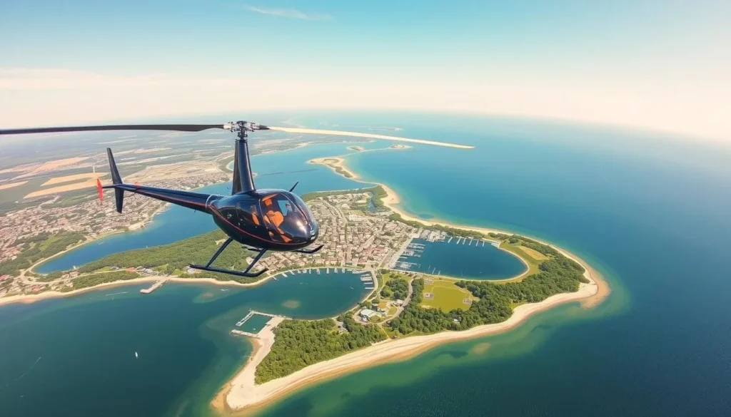 Generate an image of a helicopter flying over Put-in-Bay, showcasing the island's scenic beauty.