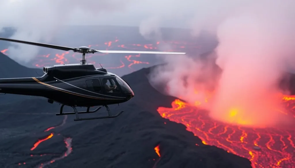 Generate an image of a helicopter flying over the Kilauea Volcano with lava flowing in the background.