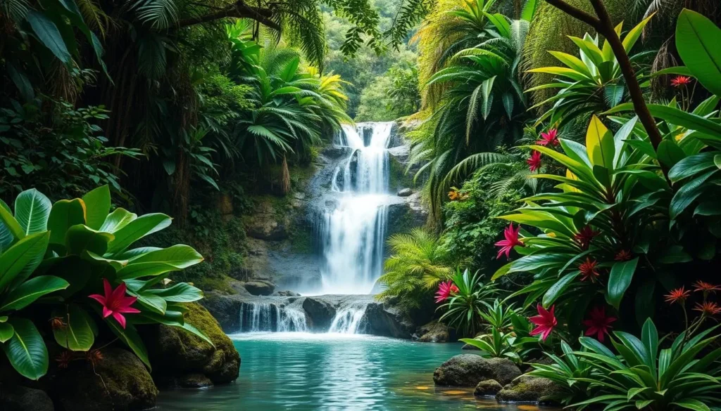 Generate an image of a hidden waterfall deep within a dense jungle, surrounded by vibrant flora and fauna.