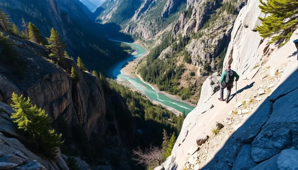 Generate an image of a hiker descending into the Poopenaut Valley with the Tuolumne River in the background.