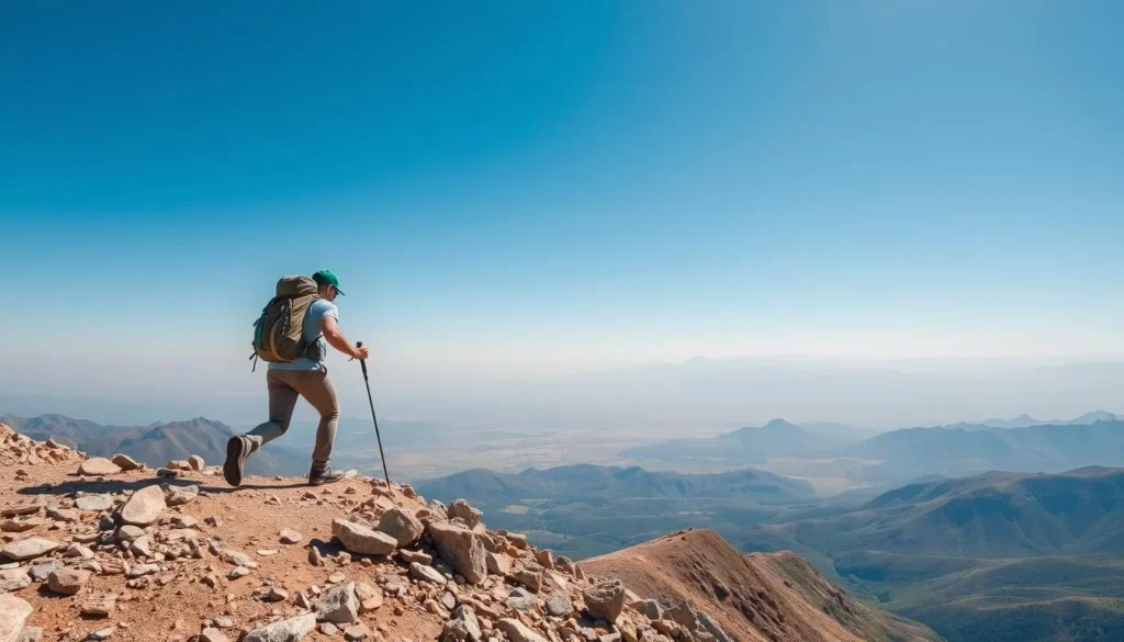 Generate an image of a hiker on Jebel Marra Mountain, with a breathtaking view of the surrounding landscape.