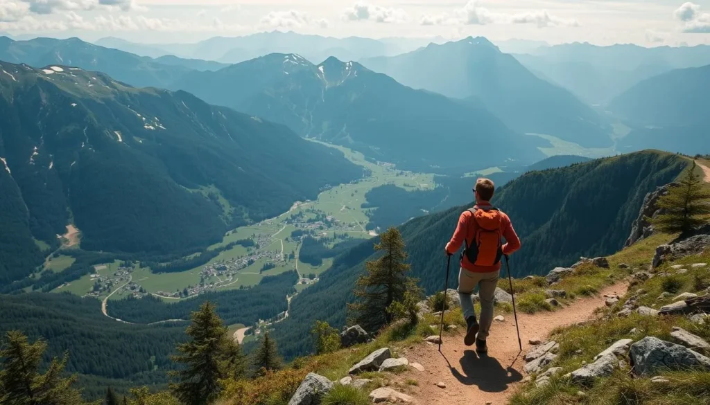 Generate an image of a hiker on a mountain trail in Zürcher Oberland with panoramic views.