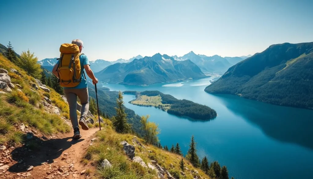 Generate an image of a hiker on a mountain trail with Lake Lucerne in the background.