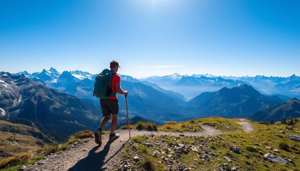 Generate an image of a hiker on a trail around Alphubel with breathtaking mountain views.
