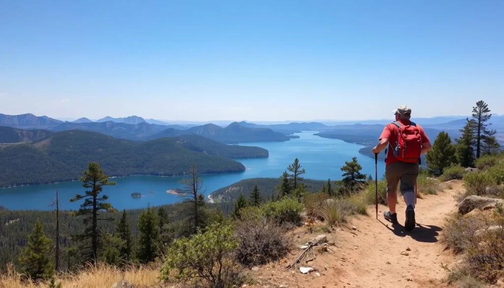 Generate an image of a hiker on a trail around Bartlett Reservoir with a scenic view of the lake.