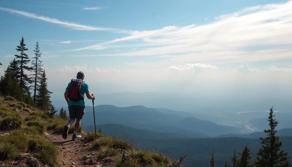 Generate an image of a hiker on a trail in O'Neill Regional Park with a scenic view.