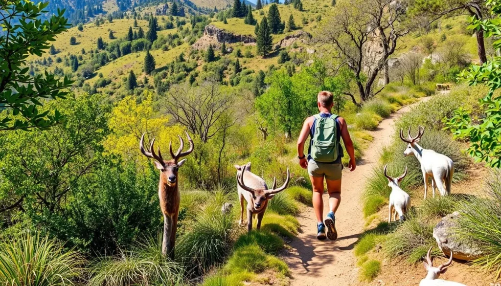 Generate an image of a hiker on a trail in Whiting Ranch Wilderness Park.