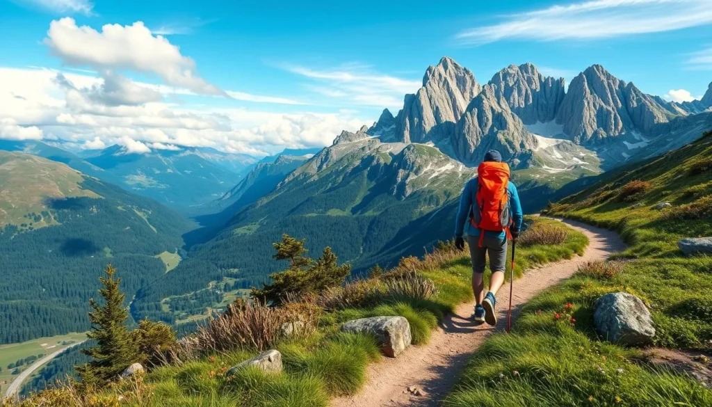 Generate an image of a hiker on a trail in the Alpstein Massif