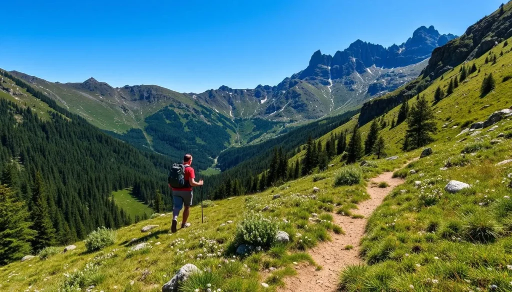 Generate an image of a hiker on a trail in the Vosges Mountains
