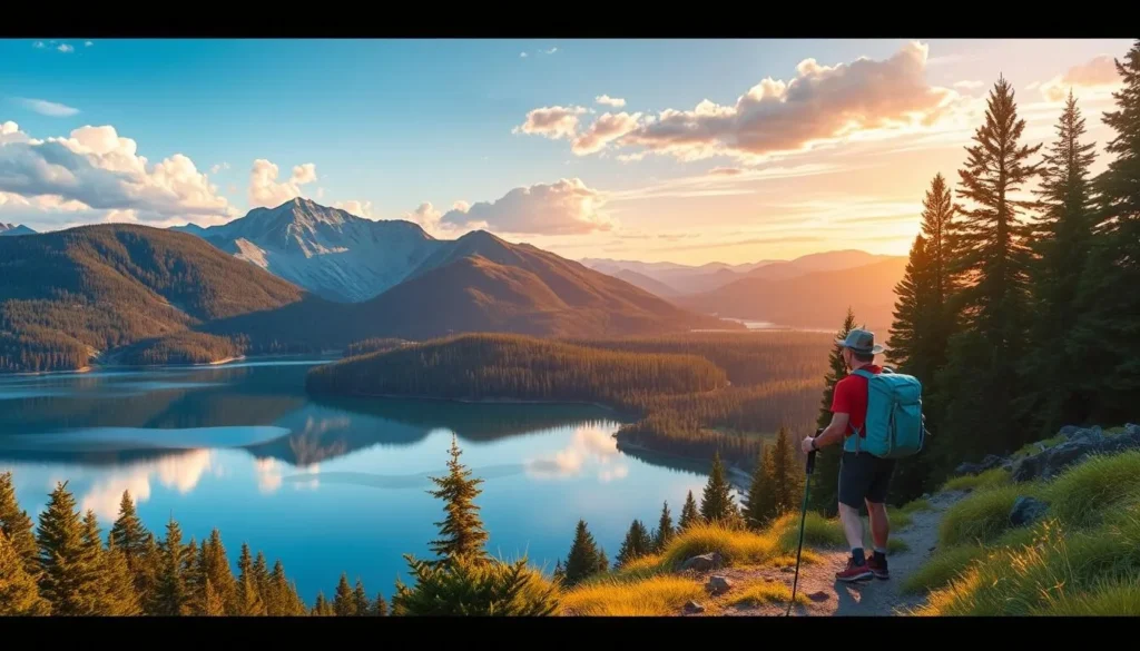 Generate an image of a hiker on a trail overlooking Pine Flat Lake.