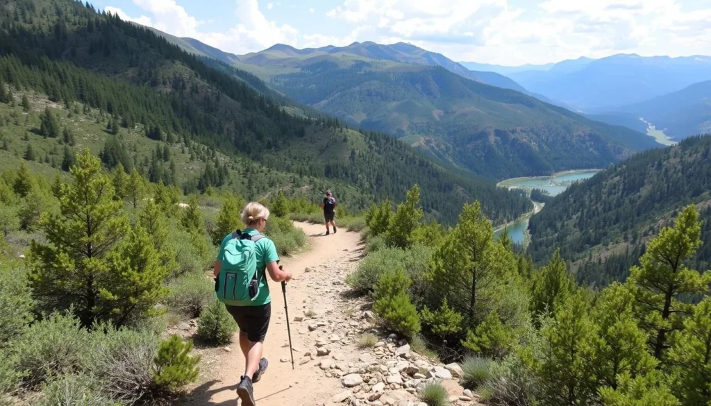 Generate an image of a hiker on the Indian Valley Reservoir Loop trail.