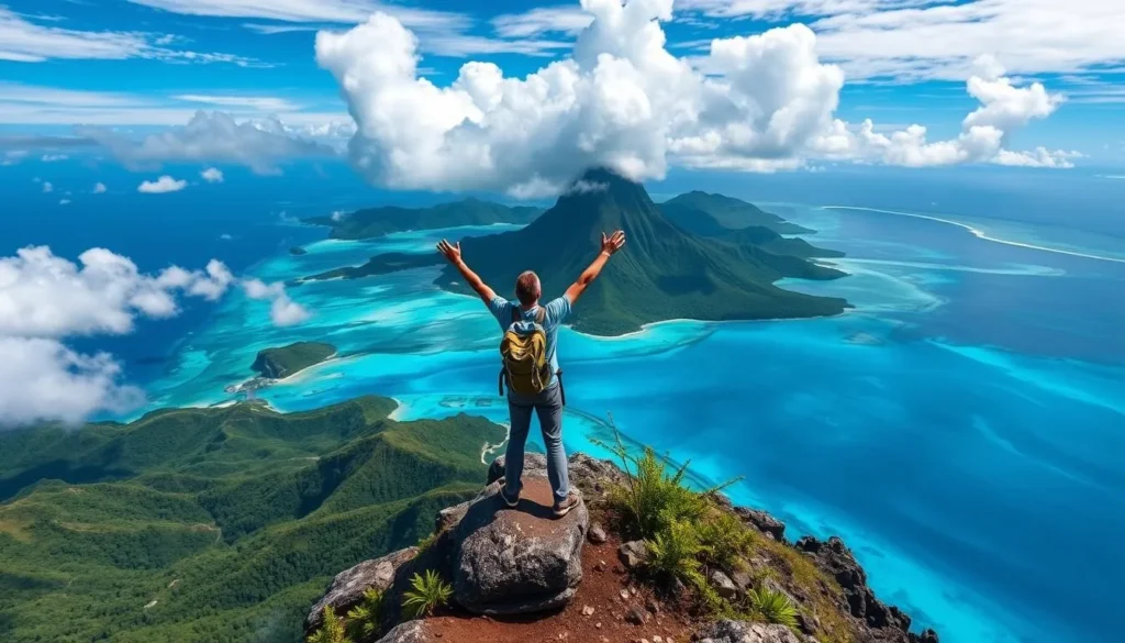 Generate an image of a hiker standing at the summit of Mount Pahia, overlooking the turquoise lagoon of Bora Bora.