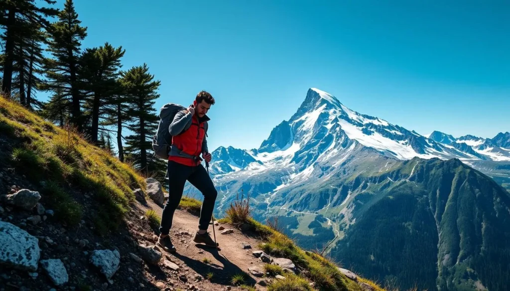 Generate an image of a hiker standing on a mountain trail with Lyskamm in the background.
