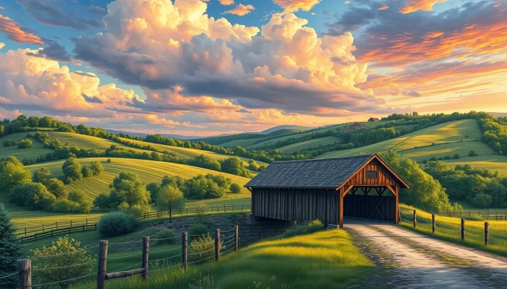 Generate an image of a historic covered bridge in a scenic rural setting.