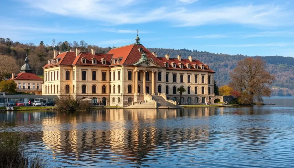 Generate an image of a historical museum near a lake.