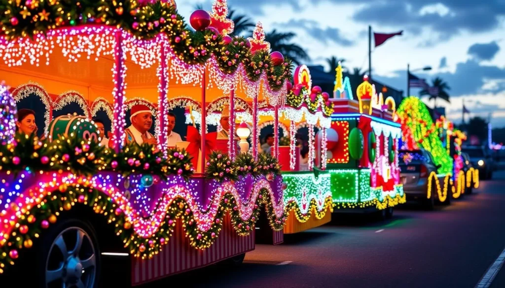 Generate an image of a holiday light parade in Kauai with festive floats and lights.