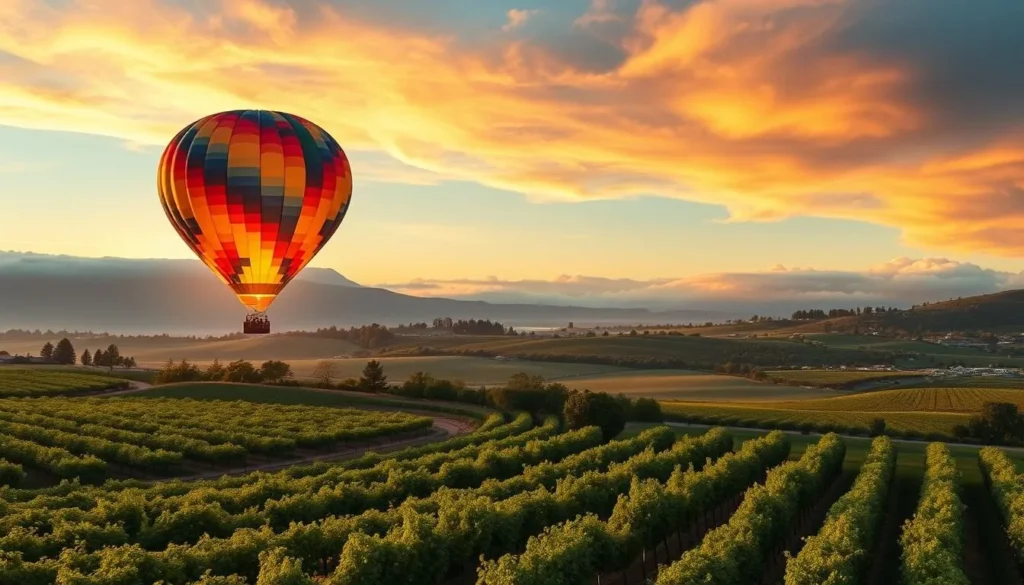 Generate an image of a hot air balloon floating above Napa Valley vineyards at sunrise.
