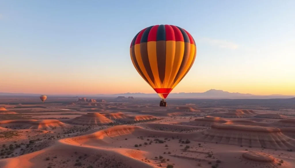 Generate an image of a hot air balloon ride over the high desert landscape near Redmond, Oregon, at sunrise.