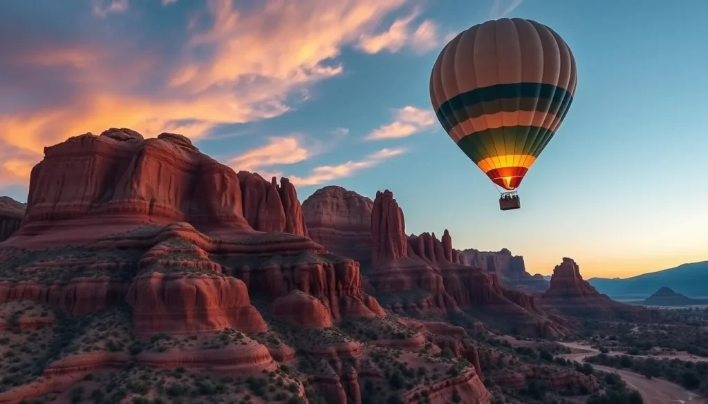 Generate an image of a hot air balloon ride over the sandstone formations of Red Rock Park at sunrise.